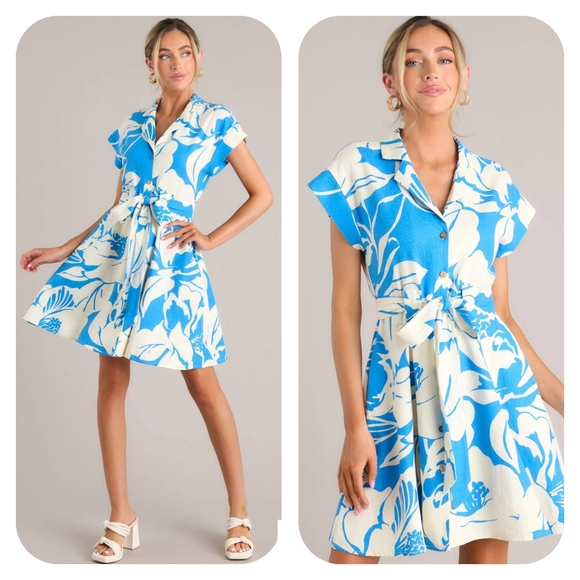 Red Dress Boutique Dresses & Skirts - OneTheLand Tropical Floral Print Linen Button Up Mini Dress Blue White Medium